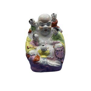 Hand Painted Porcelain Laughing Buddha Figurine Children Multicolor Collectible